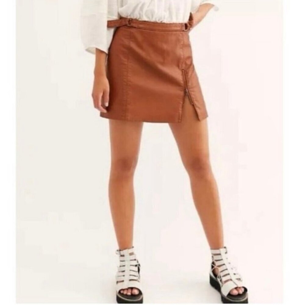 Free People Cognac Faux Leather Mini Skirt Belted Zip Front Size 0
